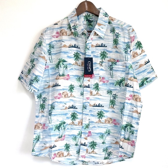 NWT Chaps Men's Short Sleeve Chambray Button Down Shirt Tropical Hawaiian Sz XL - Picture 2 of 11